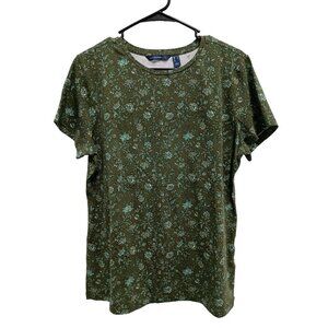 Isaac Mizrahi Womens Floral Short Sleeve Top Medium Olive Green Crew Neck Tee
